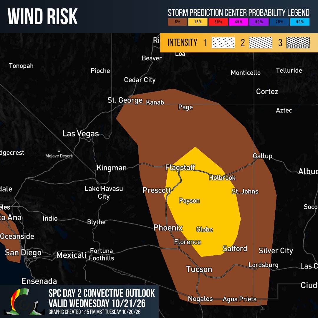RadarOmega's tweet photo. SPC has outlined an Enhanced Risk (Level 3/5) for portions of Arizona tomorrow, where an unusually significant severe weather threat is expected.

Large hail (potentially exceeding 2"), damaging winds, and tornadoes are all possible, with storms potentially continuing overnight. https://t.co/WQu5Mz4iPD
