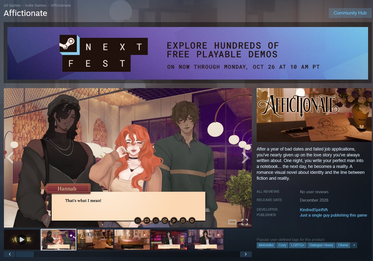 kindredspirityt's tweet photo. Fuck AI slop, Game Devs with games made entirely with human passion rise up!

My game is Affictionate, a dating sim where a delulu writer is tired of "real man" so they accidently manifest their "perfect man" into real life

Check it out on steam!
https://t.co/j4Sc6ZMtGP https://t.co/RgXjtyWvAZ
