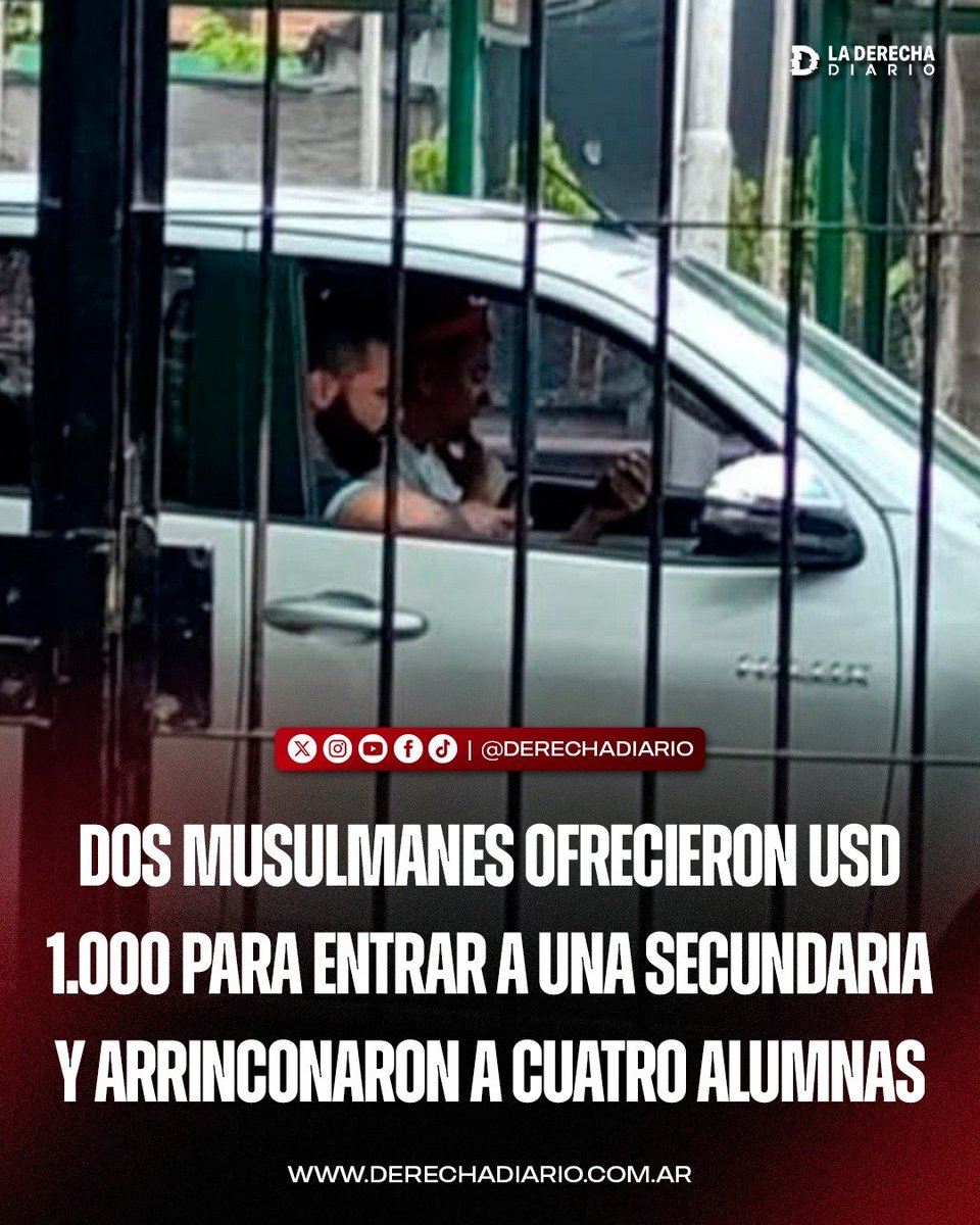 laderechadiario's tweet photo. 🚨🇦🇷☪️ | URGENTE — GRAVÍSIMO: DENUNCIARON A DOS MUSULMANES POR AMENAZAR A NENAS Y OFRECER DINERO A ALUMNOS DE UN COLEGIO DE CANNING

Padres denunciaron que los hombres musulmanes arrinconaron y amenazaron a dos nenas cerca de un colegio privado de Canning, PBA. También les ofrecieron golosinas, dinero y "trabajo" para incorporarlos a su "congregación religiosa islámica".

Además, los acusados intentaron sobornar a la directora del establecimiento con USD 1.000. La Policía intervino y ambos fueron demorados, pero recuperaron la libertad poco después.