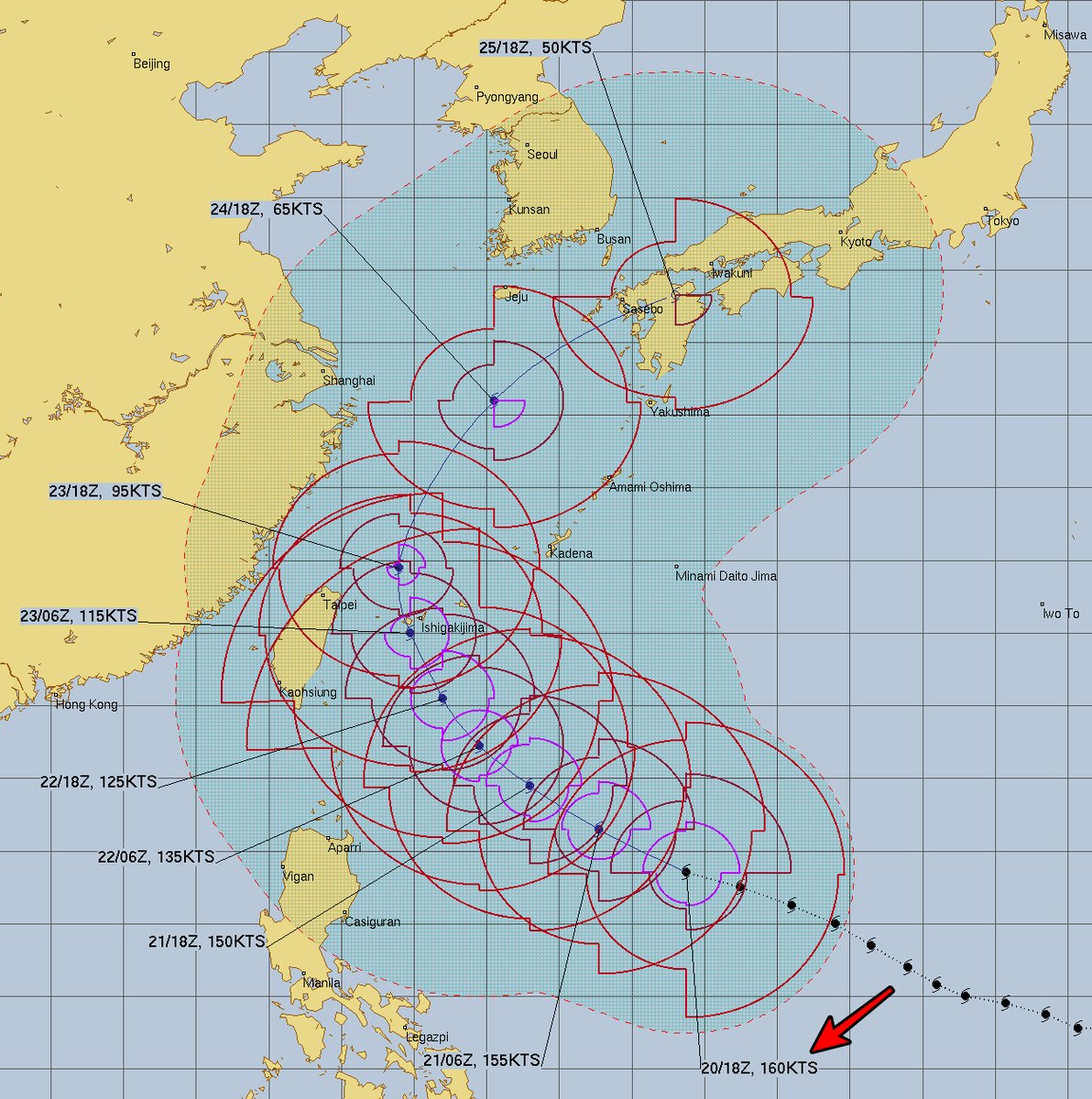 STY1330's tweet photo. #台風30号 #スーパー台風 

アメリカ合同台風警報センターは3時の実況で最大風速160ノットとさらに引き上げ、勢力はピークの状態としている

※JTWCのHPから出典して加工 https://t.co/KaUvFlCErn