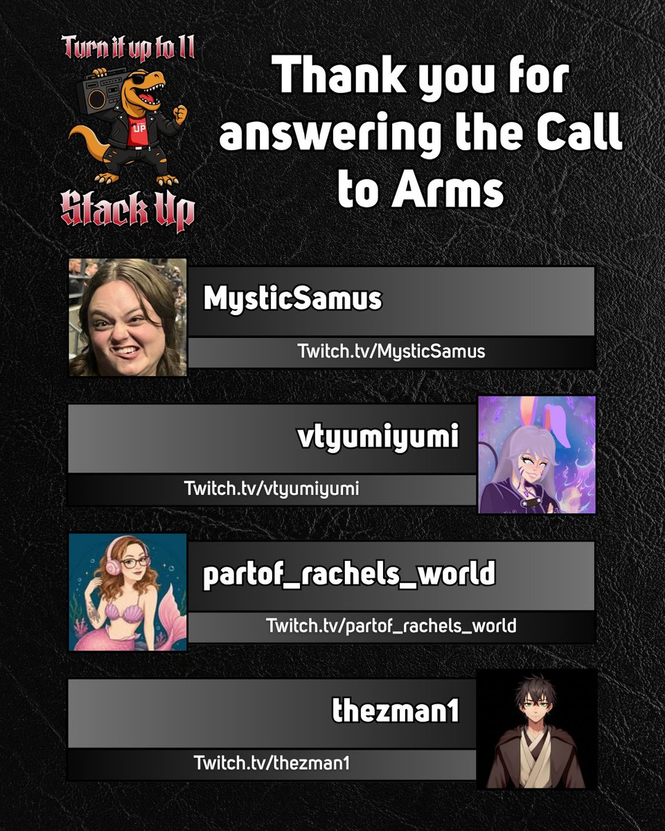 StackUpRex's tweet photo. Shout outs to these streamers for supporting @StackUpDotOrg's mission of bettering Veteran mental health through gaming! That's what we call gaming for good. 💪

@officialsamus
@VTYumiYumi
@partof_rachels_world/
@theZman1_ https://t.co/ENxmY1ECl6