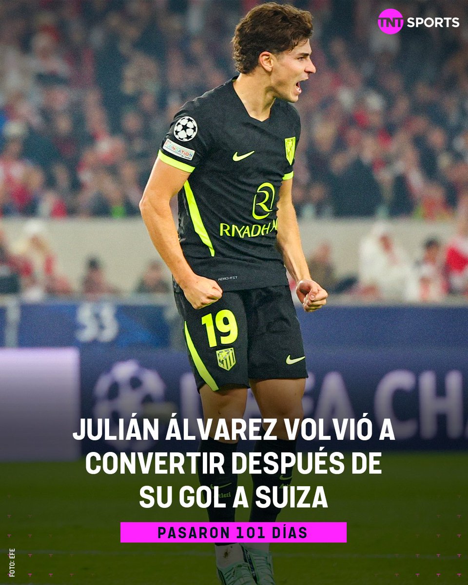 TNTSportsAR's tweet photo. ¡LA ARAÑA ROMPIÓ LA RACHA! ⚽🕷️

Después de 101 días, JULIÁN ÁLVAREZ apareció con un lindo zurdazo y anotó el empate de ATLÉTICO MADRID ante Stuttgart.

🇦🇷 Su último festejo había sido frente a Suiza, por los cuartos de final de la Copa del Mundo. https://t.co/bAxukxI92J