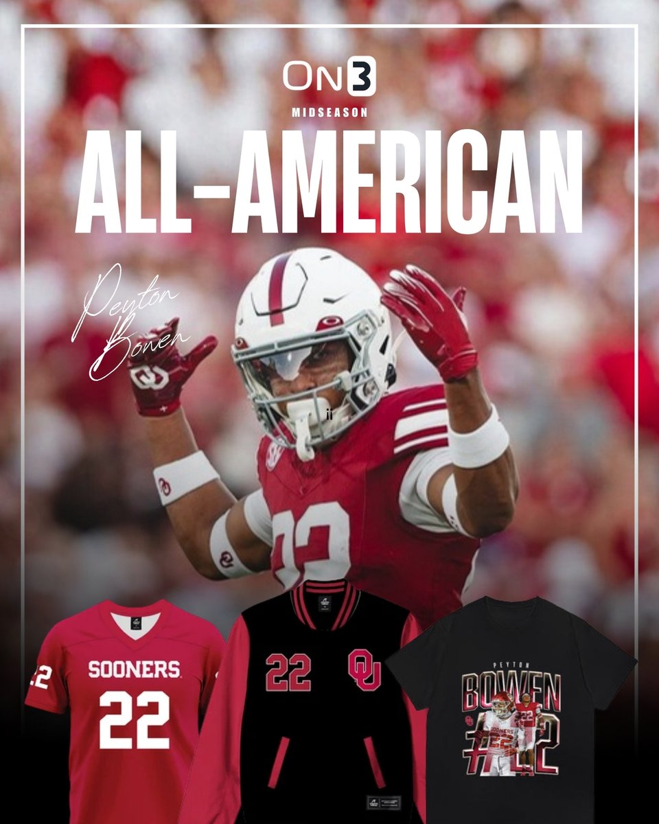 OUThreads_NIL's tweet photo. Midseason All-American🏆

Peyton Bowen was named to On3sports’ Midseason All-America team, and Oklahoma fans can rep him all season long. Officially licensed Peyton Bowen merch and trading cards are live now. Link in bio

with @PeytonBowen10 https://t.co/ijwOudOMFF