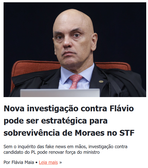 leandroruschel's tweet photo. Jota, publicação usualmente favorável ao regime, afirma que nova investigação contra Flávio funcionará como instrumento de sobrevivência de Moraes. 

E ainda reconhece que inquérito das Fake News era usado pelo ministro para projetar poder.

"A nova investigação chega após Moraes perder a relatoria do inquérito das fake news, principal instrumento usado pelo ministro para investigar bolsonaristas."