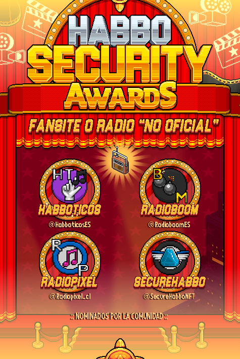 ESHabboSecurity's tweet photo. 🏆 10ª CATEGORÍA DE LA COMUNIDAD: FANSITE O RADIO NO OFICIAL DEL AÑO
🌟 ¡Conoce a los cuatro nominados que aspiran a llevarse este reconocimiento!
🎬 NOMINADOS:
▪ Habboticos (@HabboticosES)
▪ RadioBoom (@RadioboomES)
▪ RadioPixel (@Radiopixel_cl)
▪ SecureHabbo (@SecureHabboNFT)

🗳️ ¡Vota por tu favorito en la Central de ESHabboSecurity! #HabboSecurityAwards2026