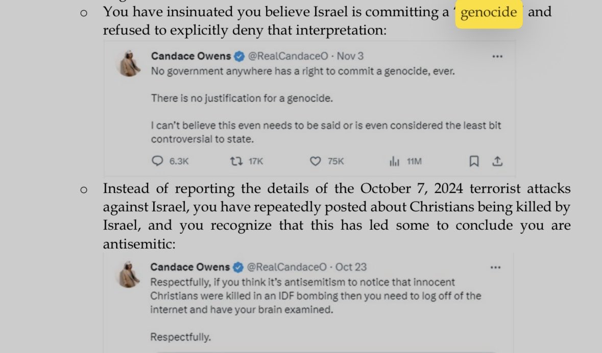 RealCandaceO's tweet photo. Knock, Knock @JeremyDBoreing. 
Regarding your rather incredulous and specific claim that my fans are either brainwashed or being deliberately misled for correctly gathering that you terminated me for saying “genocide is always wrong”— here is a screen grab from my termination documents. 

Of course, you already knew I was fired for this (among other claims which, though I wish I were, I am not at liberty to share because my response must be proportionate to your defamatory violations)— but since you are a tried and true psychopath who feels nothing, you continue to harass, stalk, lie and gaslight those who tell the truth. 

Not today, Satan.