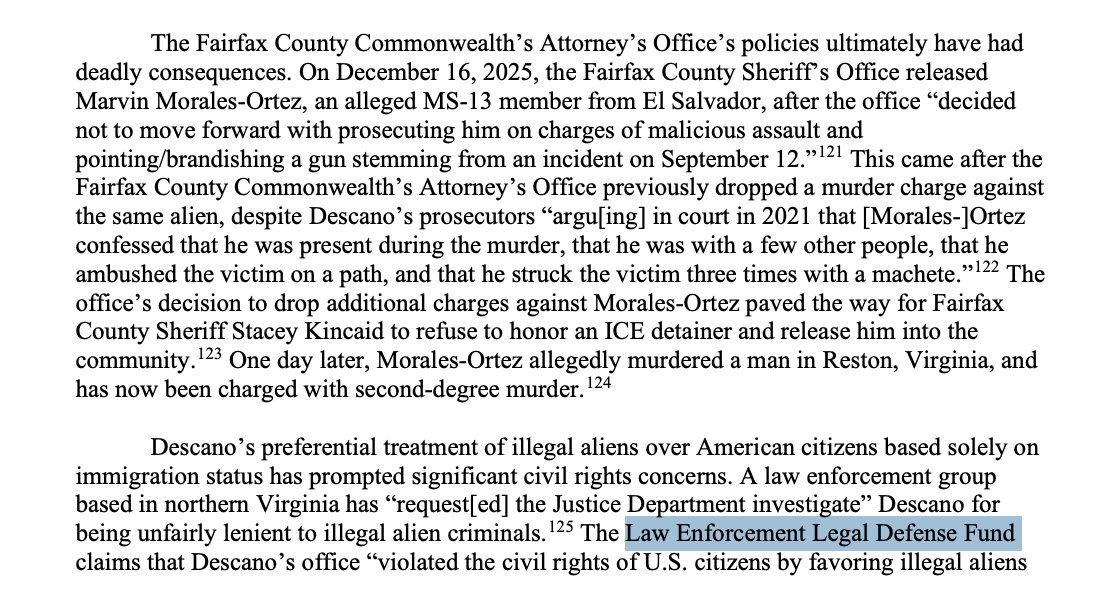LELDF's tweet photo. Today the House Judiciary Committee released the results of its investigation into sanctuary policies in Fairfax County, VA and cited our research into Fairfax County Commonwealth Attorney Steve Descano.

As we told the DOJ in 2023, Descano consistently gives favorable treatment to illegal alien defendants compared to similarly situated U.S. citizens; his office refused to prosecute and/or significantly reduced charges for criminal illegal aliens to prevent deportation.

The committee found Descano allowed multiple illegal aliens charged with malicious wounding, strangulation, and assault and battery to “escape accountability and reoffend.”

The committee also found Fairfax County, VA ignored at least 1,670 ICE detainers between 2023-2025—releasing criminal illegal aliens back into the community instead.