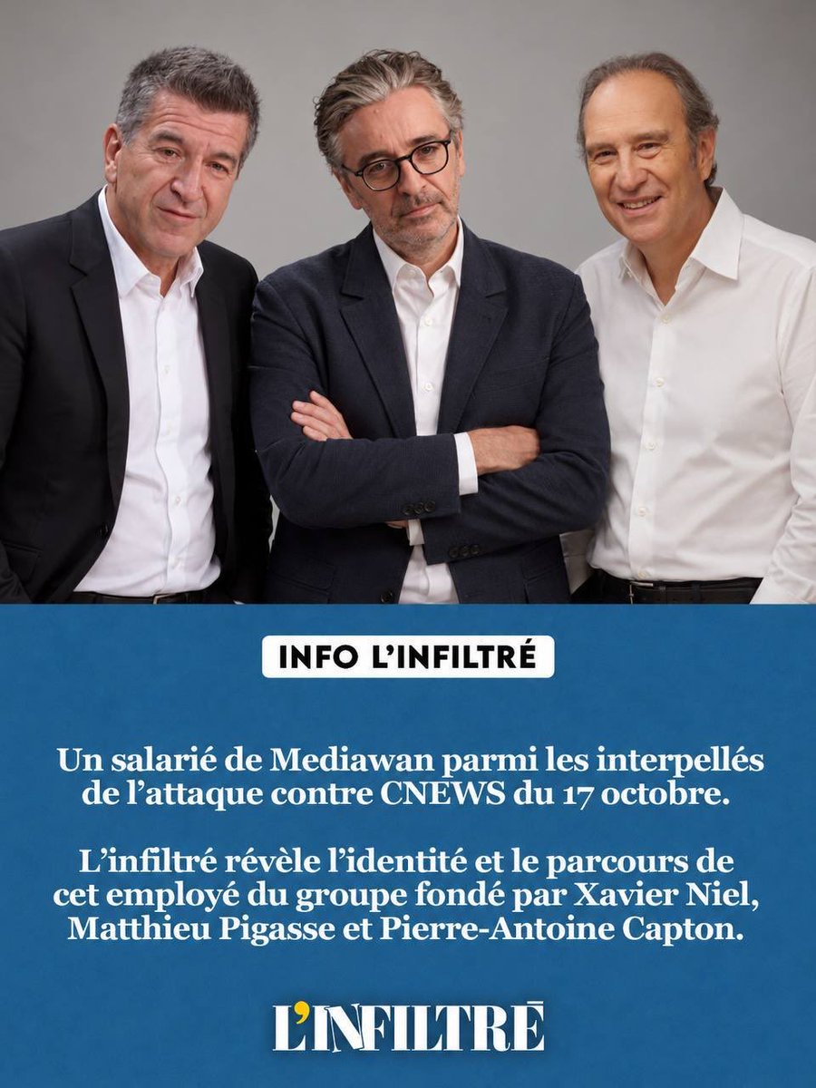tegnererik's tweet photo. 🔴 INFO INFILTRÉ . Un salarié de Mediawan parmi les interpellés de l’attaque contre les bureaux de CNEWS ce 17 octobre.

L’Infiltré révèle l’identité et le parcours de cet employé du groupe fondé par Xavier Niel, Matthieu Pigasse et Pierre-Antoine Capton.

Un employé déjà signalé lors d’une action d’Extinction Rébellion. 

Pour rappel, Mediawan est un des principaux producteurs de France TV et de l’émission où officie Patrick Cohen. 

👉 À lire ici : https://t.co/Gv7Ns9xQYr