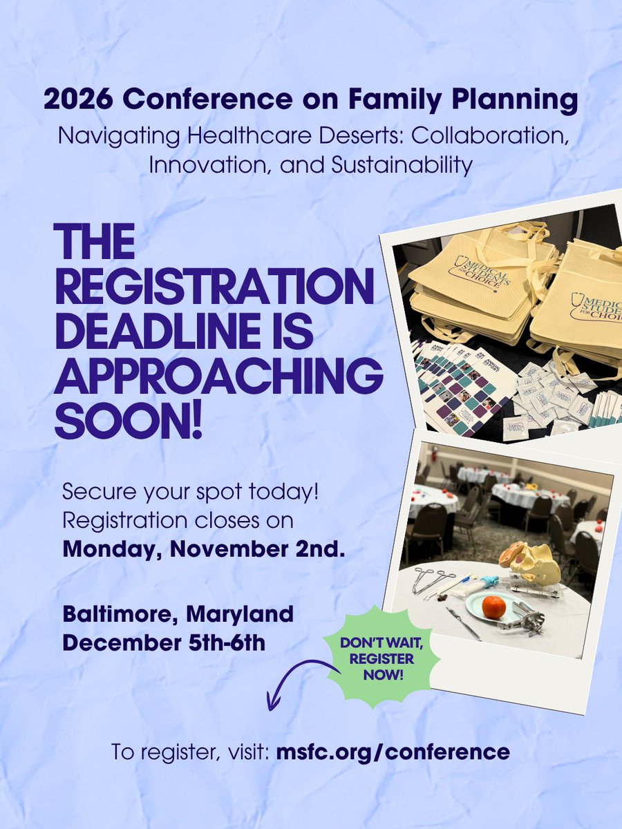 MSFC's tweet photo. Join us in Baltimore, Maryland for the 2026 Conference on Family Planning! The registration deadline is Monday, November 2nd.

No late or on-site registration will be available.⁠ Register now: https://t.co/dNnFBB680J https://t.co/SAYCfcWoS0