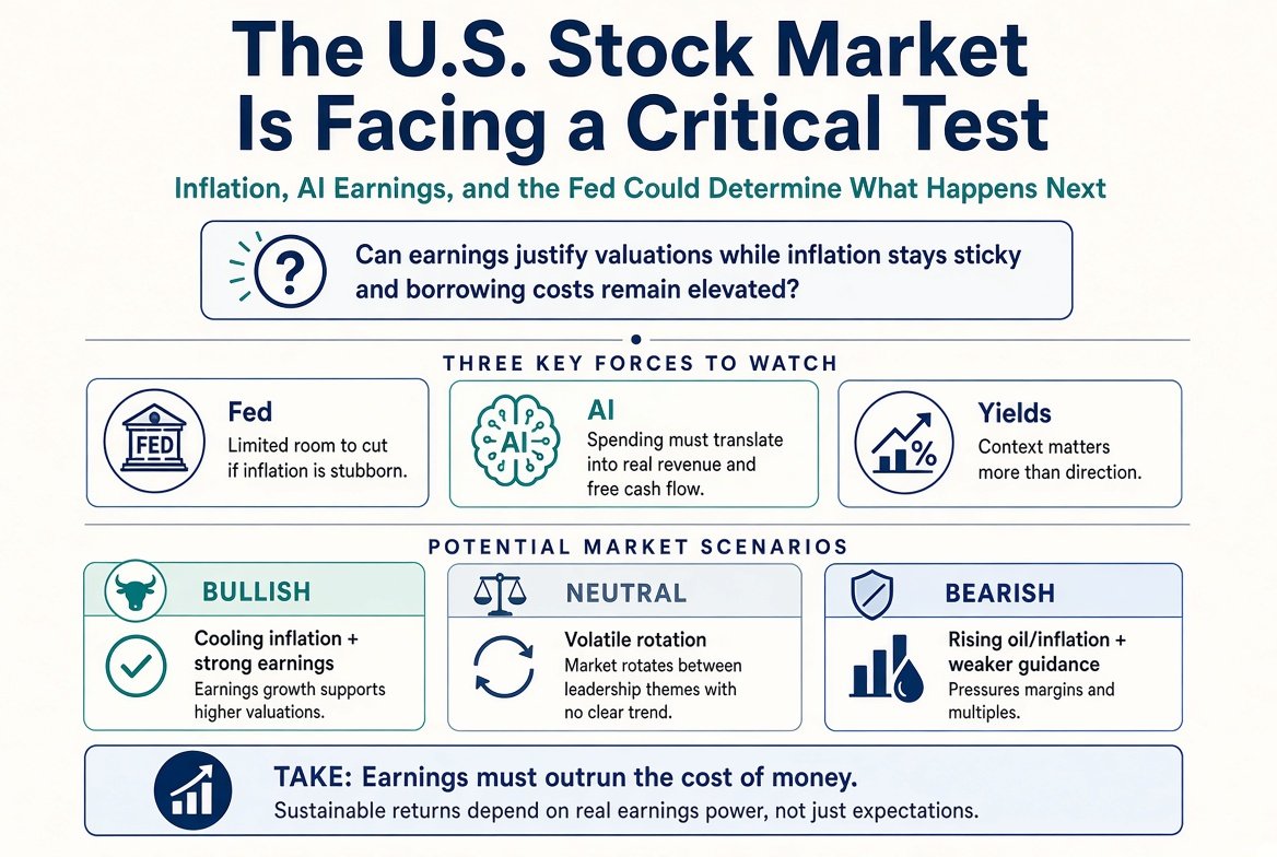 TheHarrisonView's tweet photo. The U.S. Stock Market Is Facing a Critical Test
Inflation, AI Earnings, and the Fed Could Determine What Happens Next

The biggest question facing Wall Street right now is not whether the U.S. economy is growing.

It's whether corporate earnings can justify current stock valuations while inflation remains a concern and borrowing costs stay elevated.

Three forces could shape the next major move in the market.

1. The Fed Is Still the Market's Biggest Macro Variable

Investors want lower interest rates. But the Federal Reserve cannot simply cut rates because markets want relief.

If inflation remains stubborn, policymakers may have limited room to ease monetary policy.

That creates a difficult trade-off:

Strong economic growth supports corporate earnings, but it can also keep interest rates higher for longer.

And higher rates can put pressure on stock valuations, especially companies whose prices depend on profits expected years into the future.

Strong economic data does not automatically mean higher stock prices.

2. AI Is a Growth Story. But Is It a Good Investment at Any Price?

AI remains one of the most important long-term investment themes in the market.

But the conversation is changing.

Investors are increasingly asking whether massive AI infrastructure investments will generate enough revenue, profits, and free cash flow to justify their costs.

Three things matter:

How much are companies spending?
How quickly are those investments generating returns?
How much future growth is already reflected in stock prices?

Even a great company can be a poor investment if expectations are too high.

The next stage of the AI trade may reward companies that demonstrate financial returns—not simply companies that promise technological breakthroughs.

3. Treasury Yields Could Become the Market's Pressure Point

The 10-year Treasury yield is one of the most important indicators to watch.

Higher yields can make bonds more competitive with stocks and reduce the present value of future earnings.

That is particularly important for expensive growth stocks.

But context matters.

If yields decline because inflation is cooling, equities may benefit.

If yields decline because the economy is deteriorating sharply, stocks may still struggle.

Investors need to understand why yields are moving, not just whether they are rising or falling.

4. Oil Could Complicate Everything

Higher oil prices can create a difficult environment for both consumers and policymakers.

Energy inflation can squeeze household budgets, increase business costs, and make it harder for the Fed to ease policy.

Airlines, transportation companies, and other energy-sensitive businesses could face additional pressure.

If oil prices rise while inflation remains elevated, the market may have to reassess its expectations for interest-rate cuts.

5. Three Possible Market Scenarios

Bullish: Inflation cools, yields stabilize, earnings remain strong, and market participation broadens.

Neutral: Earnings hold up, but interest-rate uncertainty keeps stocks volatile and drives sector rotation.

Bearish: Oil and inflation rise, yields climb, and companies begin lowering earnings guidance.

The key is to watch the evidence rather than become emotionally attached to one forecast.

My Take

I am watching three things more closely than anything else:

The direction of Treasury yields.
Whether AI spending translates into actual earnings and cash flow.
Whether market strength broadens beyond a small group of mega-cap stocks.

If earnings remain strong and inflation moderates, equities could find further support.

If inflation accelerates while financing costs rise, even high-quality companies may face valuation pressure.

The next major move in the stock market will depend on whether earnings can outrun the cost of money.

That is the real battle Wall Street needs to win.

What matters more for the next market move: the Fed, AI earnings, or Treasury yields?

#StockMarket #SP500 #FederalReserve #AIStocks #Investing

For informational purposes only. Not investment advice.