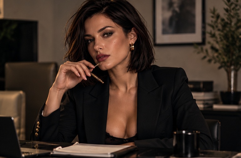VesperValeMuse's tweet photo. Sitting in the chair doesn't mean I'm waiting. It means I'm deciding who gets my attention.  Tribute to get my attention.#findom #AIgirl #velvetexecutive https://t.co/ywHM9i3oED