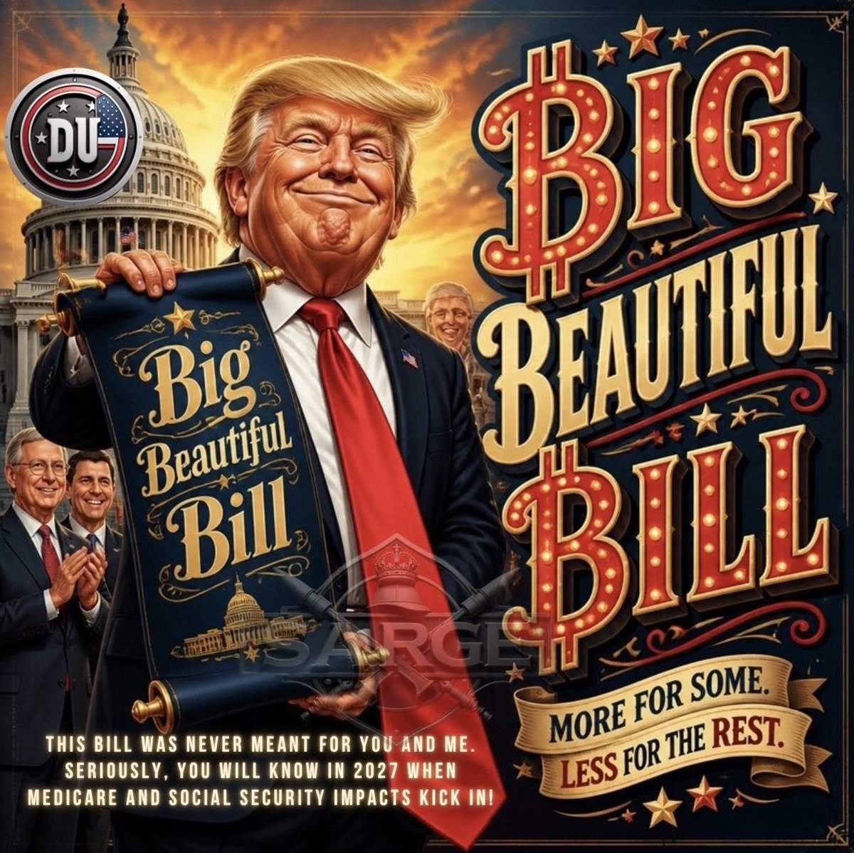 DUnitedGraphics's tweet photo. You may think Trump's Big Beautiful Bill passed you by, but maybe not.

Trump &amp; the minions set aside big cuts until after the 2026 election.

More SNAP cuts, Work mandates, ending clean energy credits, more tax cuts for the rich, &amp; less health benefits are coming. 
#DemsUnited https://t.co/qKBF0YHzJl