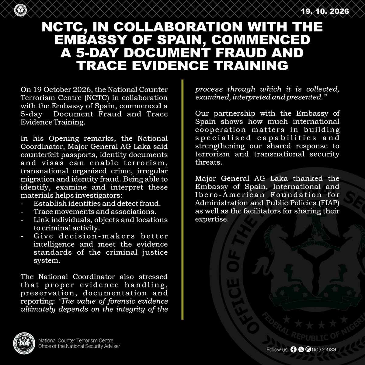 nctconsa's tweet photo. Working together to achieve a common goal

#NCTC #ONSA #EmbassyOfSpain
#NigeriaSpain #CounterTerrorism
#NationalSecurity #Forensics #CapacityBuilding
#InternationalCooperation #Nigeria https://t.co/GDImjYzIym