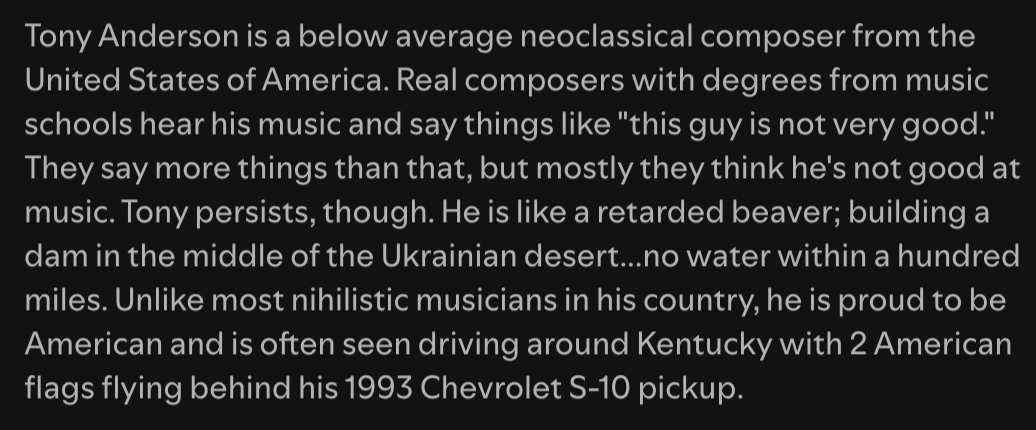 i_zzzzzz's tweet photo. Spotify smart shuffle served me a perfectly nice piece of film score style ambient music and it turned out to be by a guy with this insane bio https://t.co/fcTOiK6S9g