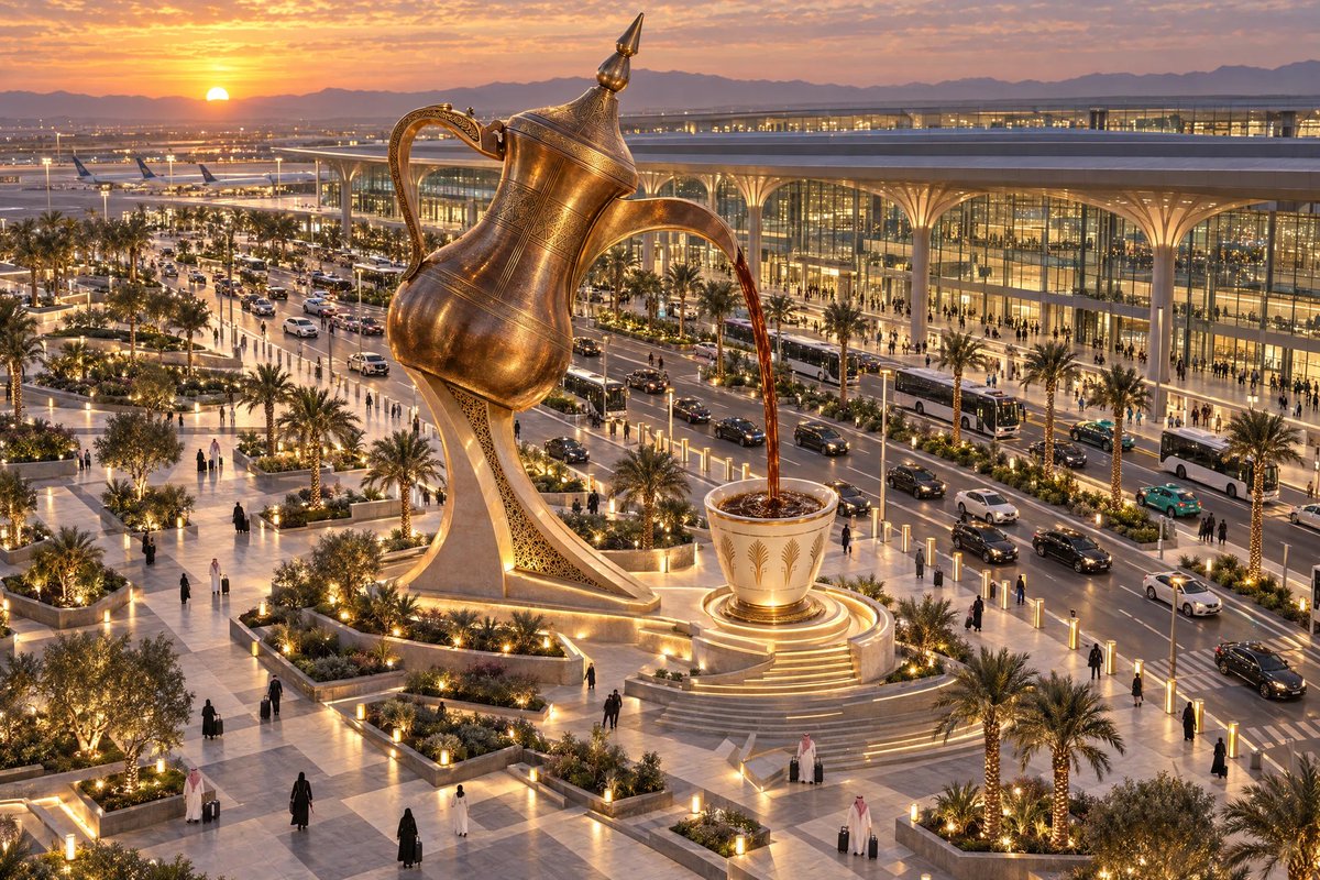 osamadesignom's tweet photo. تخيّل أول «حيّاك الله» تكون بهالحجم 🇸🇦☕️

دلة سعودية تستقبل الزوار عند المطار ورمز الكرم السعودي أول شيء يشوفونه

هذا كان تخيلي، وش رايكم؟ يستاهل يكون بوابة الضيافة السعودية؟ https://t.co/qSuGvnAR9D