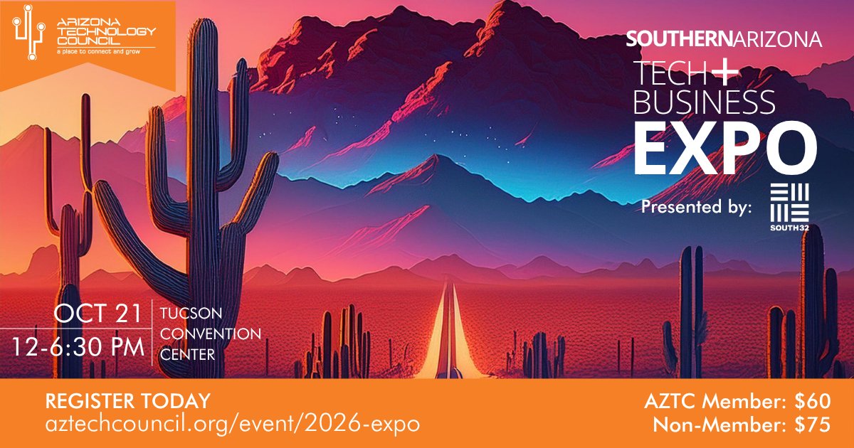 aztechcouncil's tweet photo. 🚨 LAST CHANCE! The Tech + Business Expo is TOMORROW! Connect with Southern Arizona’s tech and business community.

📅 Oct. 21 | 12–6:30 p.m.
📍 Tucson Convention Center
🎟️ Register: https://t.co/joz9dexdns

#TucsonTechExpo #ArizonaTech https://t.co/4WJLmonPbj