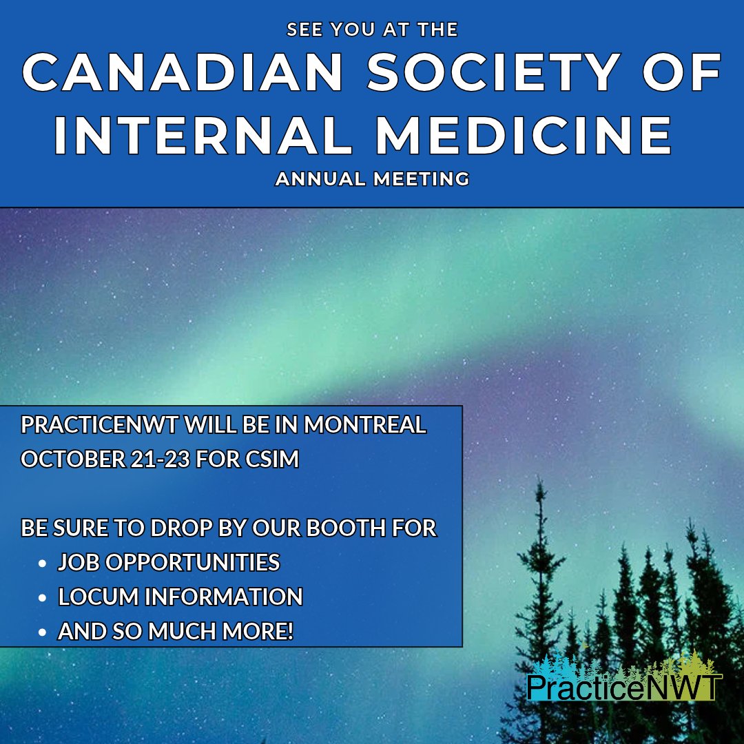 PracticeNWT's tweet photo. We’ll be at CSIM2026 in Montreal October 21-23!

Come visit our booth to learn about exceptional Internal Medicine opportunities in Yellowknife, Northwest Territories: a city with five-minute commutes, endless outdoor adventures, and a close-knit medical team.

See you soon! https://t.co/0yIi0Fm7uH