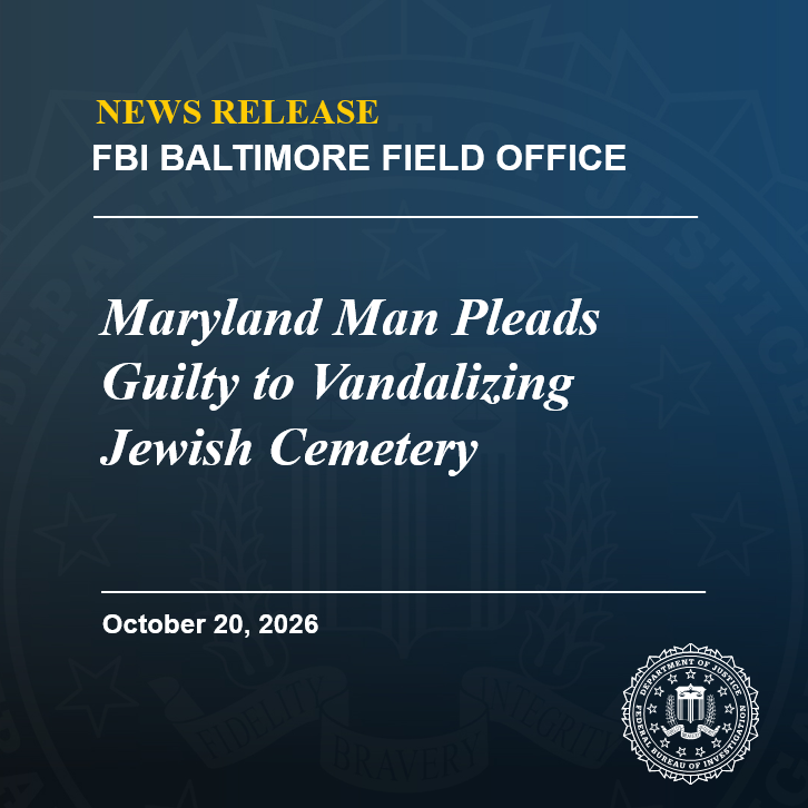 FBIBaltimore's tweet photo. 36-year-old George Horn of Dundalk pled guilty to religious vandalism charges in federal court today stemming from an incident in which he defaced several headstones at a Baltimore County Jewish cemetery with antisemitic symbols. 
Horn admitted that he targeted the cemetery because it is a Jewish cemetery. This case was investigated by @FBIBaltimore @BaltCoPolice @BaltimorePolice. Read the @USAO_MD release: https://t.co/SZwJFM0Gvy