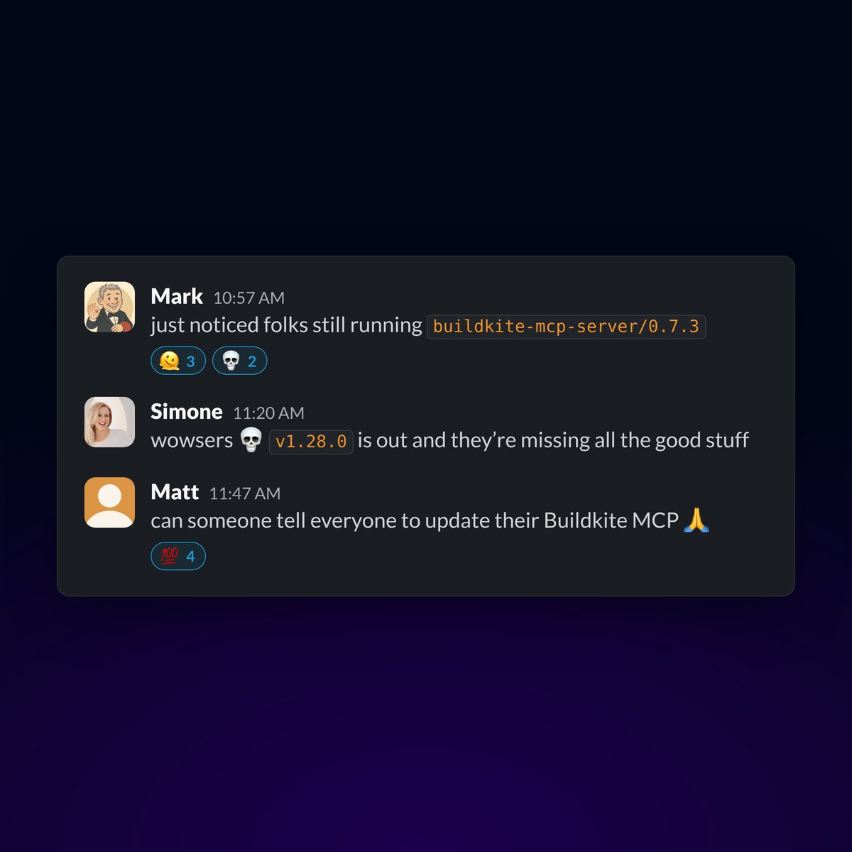 buildkite's tweet photo. Running an old Buildkite MCP server? Update yours to v1.28.0 so your agent can explain failed builds, retry jobs, and pause queues. https://t.co/oiL6q9oRqp
