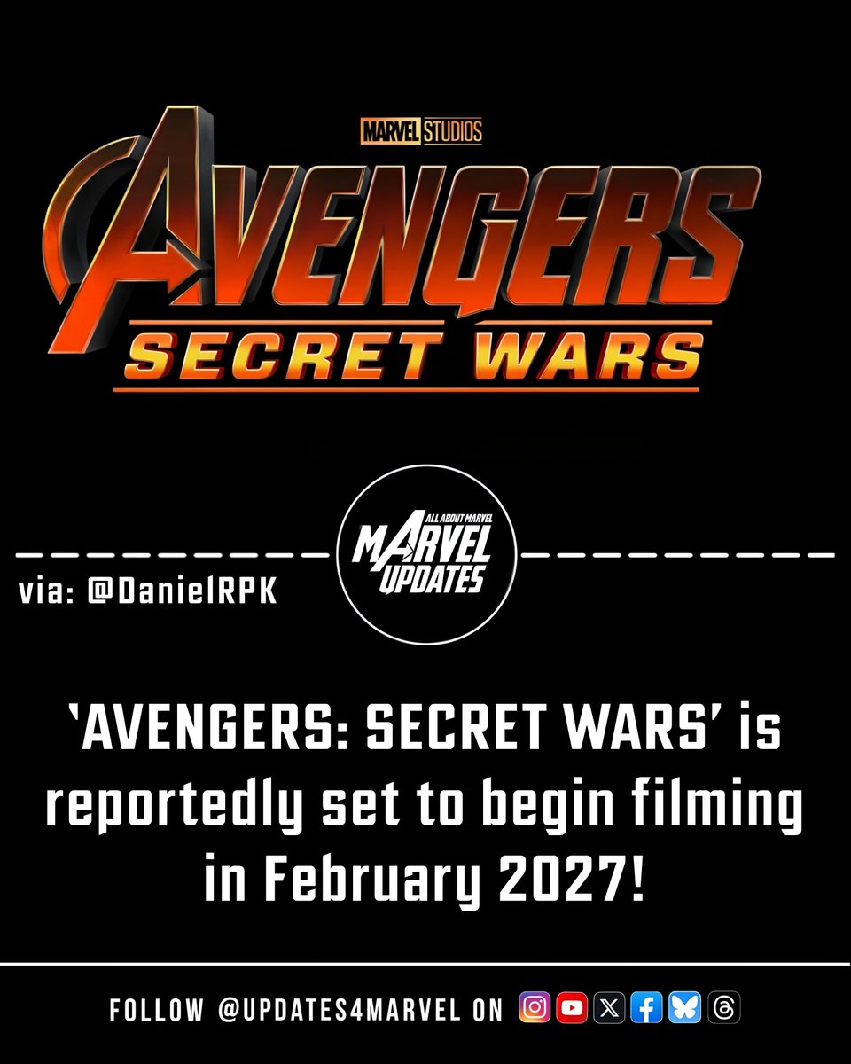 Updates4Marvel's tweet photo. ‘Avengers: Secret Wars’ Reportedly Begins Filming in February 2027!

Marvel’s highly anticipated multiverse epic could start production early next year.

(Via: @DanielRPK)

#AvengersSecretWars #Marvel #MCU https://t.co/Mv0rhMJSUi