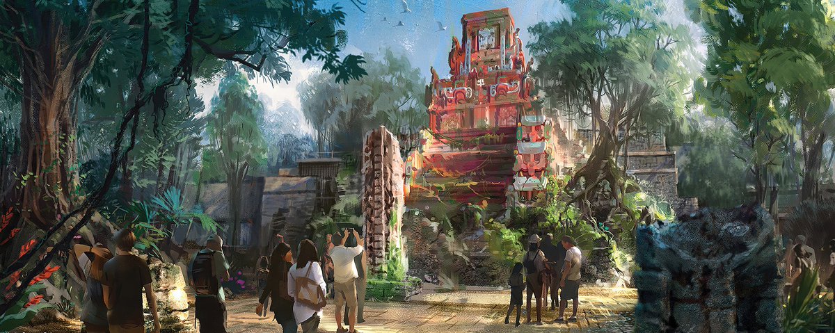 BayAreaBubba's tweet photo. @JohnTheMon2 The square building in Epcot looks to be nearly twice the size of Indy’s so it may be easier to hide. Indy might have foliage as well if they go by the concept art. I think there’s enough provided to remain positive in the final result but I could be wrong. https://t.co/KfL6EXZXHQ