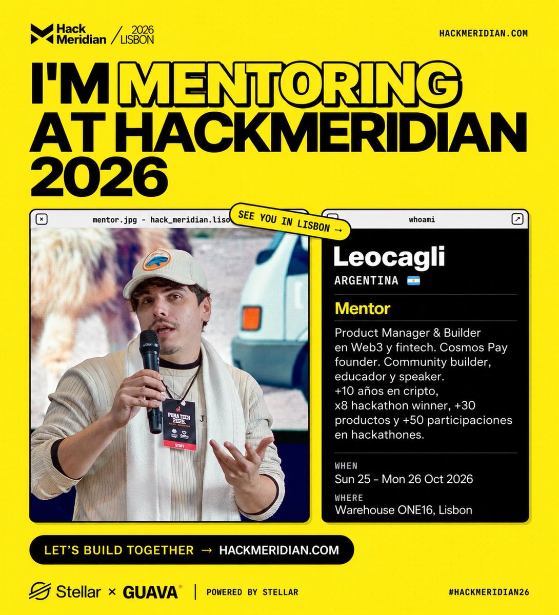 leocagli's tweet photo. 🇦🇷 De organizar eventos, dar charlas y mentorear en el NOA, acercando IA y cripto a +1500 personas, a mentorear en 🇵🇹 Hack Meridian 2026 a los builders del ecosistema Stellar.

Agradezco al team de @joinwebzero y a @GuavaGlobal por soportar mi viaje a Meridian. 

De Argentina al mundo 🚀 
para para para, digo…
De Salta y Jujuy al mundo 🦙

#HackMeridian2026 #Stellar