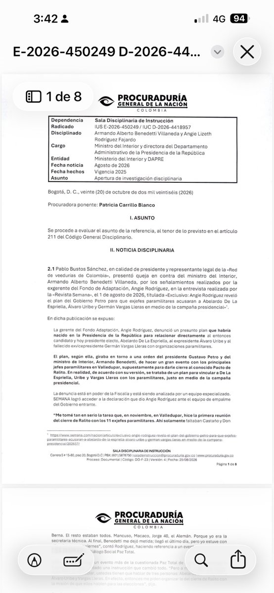 Melquisedec70's tweet photo. Atentos. El Pacto de Valledupar que revelé el sábado en primicia nacional, ya desencadena investigación disciplinaria formal contra el exministro Armando Benedetti y la exdirectora del DAPRE, Angie Rodríguez.

Decisión tomada esta tarde por el procurador General, Gregorio Eljach. 
Serán escuchados en diligencia de testimonio Jorge Arturo Lemus Montañez, exdirector de la Dirección Nacional de Inteligencia, Hollman Morris, ex director de RTVC y Otty Patiño Hormaza, ex Alto Comisionado para La Paz