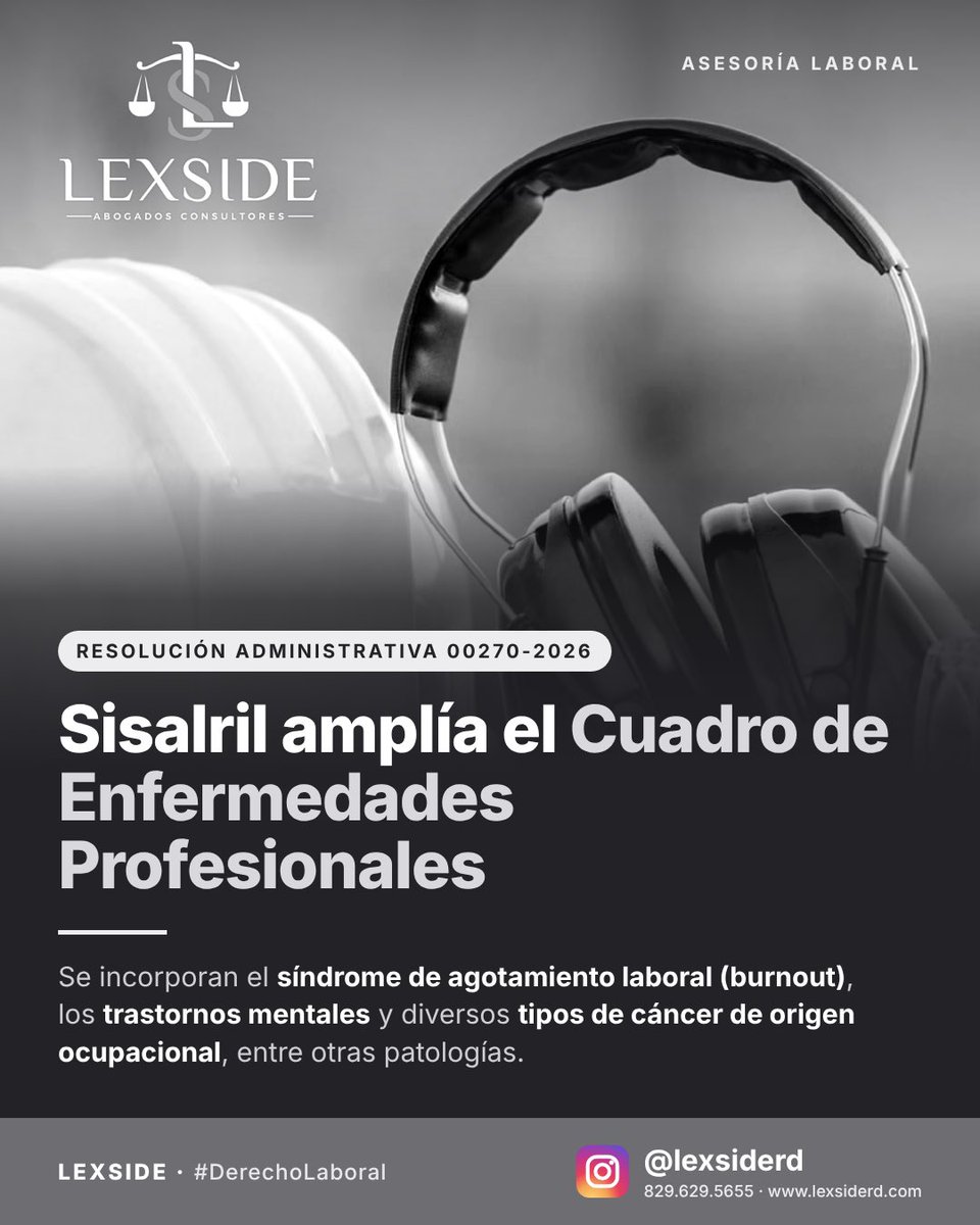 LexsideRD's tweet photo. Sisalril amplía el Cuadro de Enfermedades Profesionales: 

Mediante la Resolución Administrativa 00270-2026, ahora se reconocen como enfermedades profesionales el burnout, la depresión, los trastornos del sueño y diversos tipos de cáncer de origen ocupacional, entre otras patologías.

Los empleadores deben revisar sus políticas de salud y seguridad en el trabajo y la gestión de los riesgos psicosociales. En LEXSIDE le asesoramos.

📞 829.629.5655 | 🌐 https://t.co/VIXVJsCPWr
#DerechoLaboral #Sisalril #RiesgosLaborales #SaludOcupacional #LexsideRD