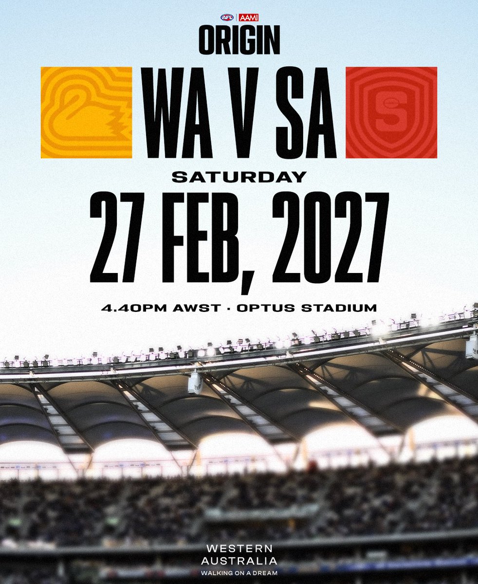AFL's tweet photo. Put it in your calendar, the date for 2027 AAMI AFL Origin match is confirmed 🗓️

Tickets go on sale via Ticketmaster from Wednesday 2 December. https://t.co/0rkmHzsr24