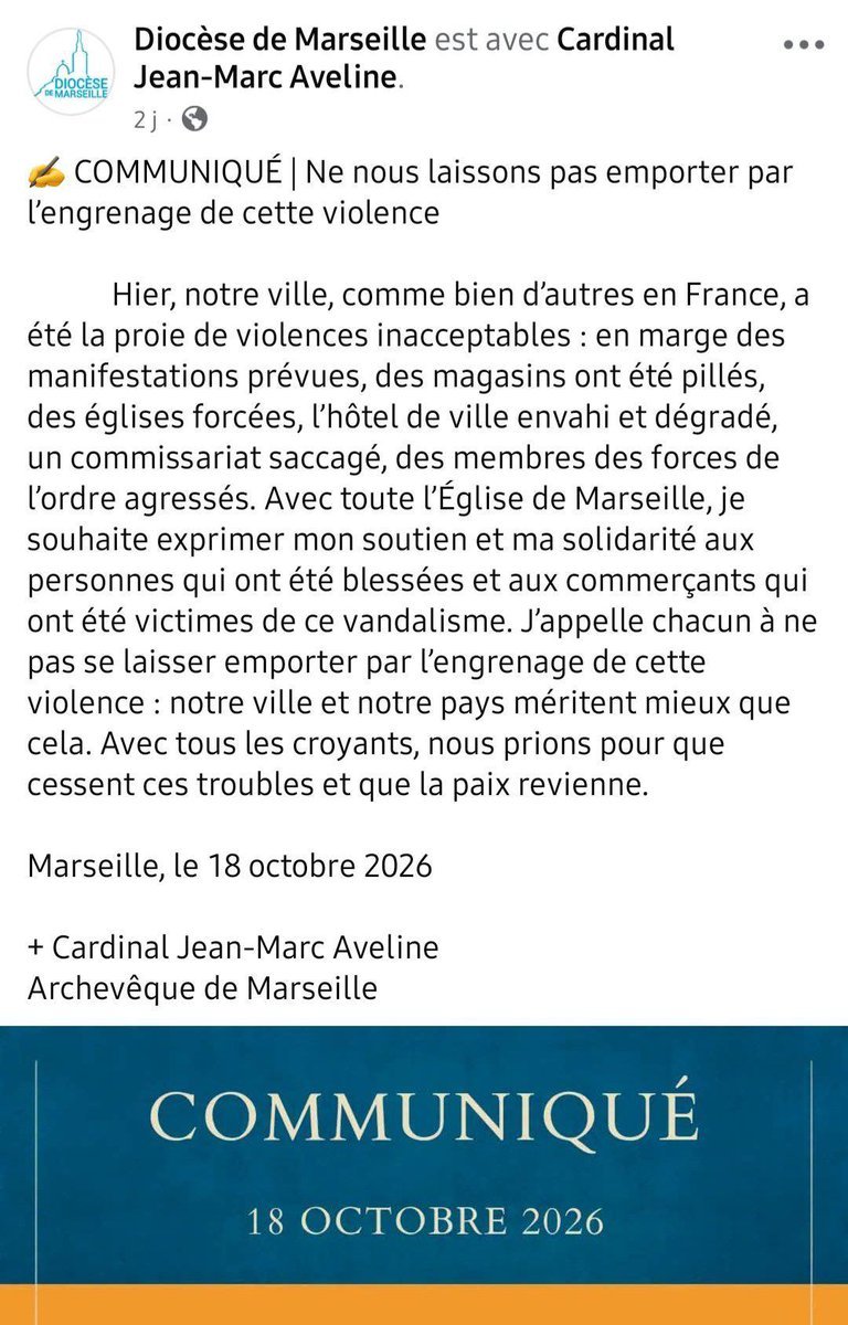 GilbertCollard's tweet photo. Un communiqué du diocèse de Marseille nous apprend que des églises ont été attaquées lors des émeutes de ces derniers jours : odieux ! Qui peut en en vouloir à nos églises... https://t.co/lo2g5zeByG