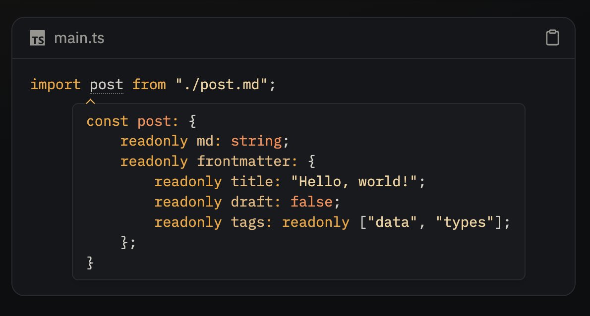 colinhacks's tweet photo. Content mappers in TS 7.1 are an absolute game changer

It’s plugins for TypeScript: a way to dynamically compute a static type signature for external file types (.vue, .md, etc) and integrate them directly into tsc compilation https://t.co/1ZNMmCvxsZ