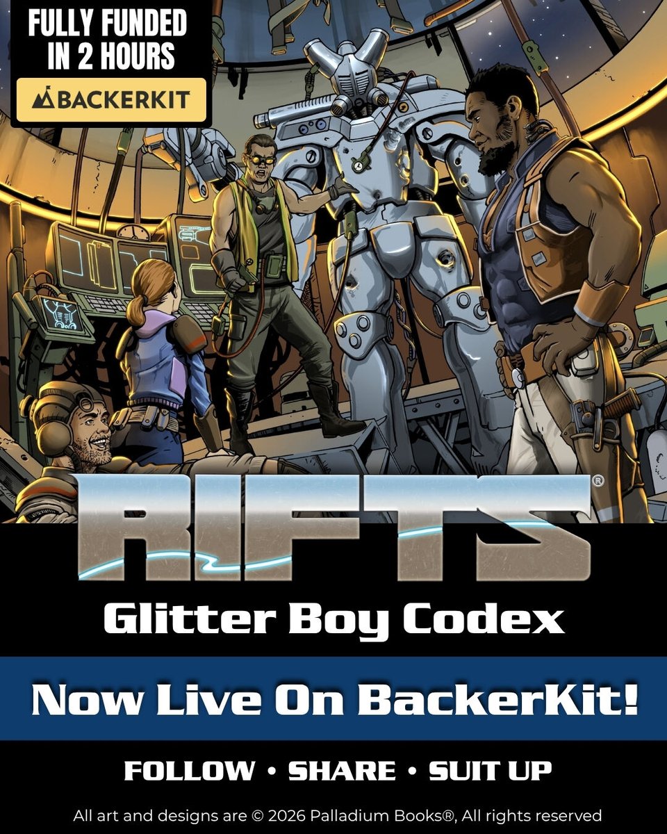 PalladiumBooks's tweet photo. 𝗥𝗶𝗳𝘁𝘀 𝗚𝗹𝗶𝘁𝘁𝗲𝗿 𝗕𝗼𝘆 𝗖𝗼𝗱𝗲𝘅
WE ARE LIVE - FUNDED IN UNDER 2 HOURS! We crushed our first stretch goal, unlocking the Digital Wallpaper Set! Next up: $125,000 unlocks a bonus color art print for eligible physical pledges!
Rally the Brotherhood! Back & share! https://t.co/LqEY05hjuz