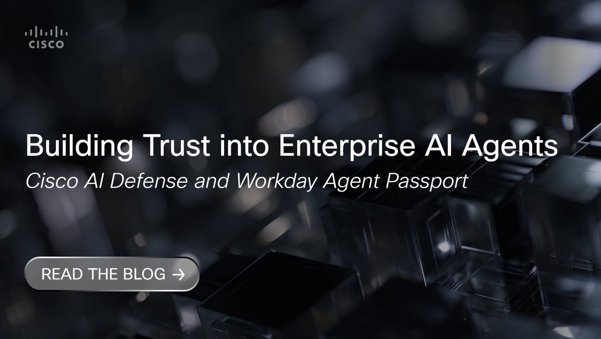 CiscoAI's tweet photo. Trust in AI agents starts with verification.

With Workday Agent Passport now in Early Access, Cisco AI Defense provides the adversarial testing behind security stamps for @Workday-developed agents.

Learn how we're helping build trust into enterprise AI agents: https://t.co/HQ4Of6Y5kQ