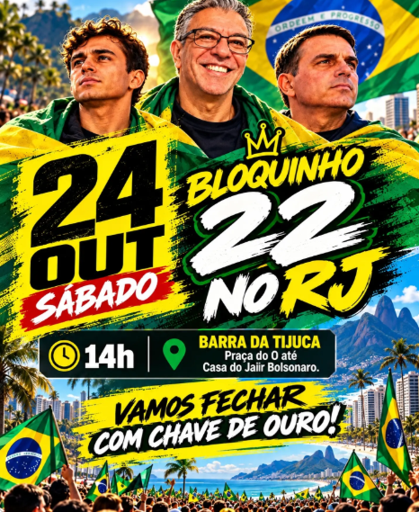Regina23Almeida's tweet photo. O BLOQUINHO 22 NO RJ está chegando para mais um grande encontro de quem acredita na liberdade, na democracia e no futuro do nosso país.
SÁBADO, 24 DE OUTUBRO
14 HORAS
BARRA DA TIJUCA – RIO DE JANEIRO
Concentração na Praça do O, seguindo até a casa de Jair Bolsonaro. https://t.co/Vm97lrSGRd