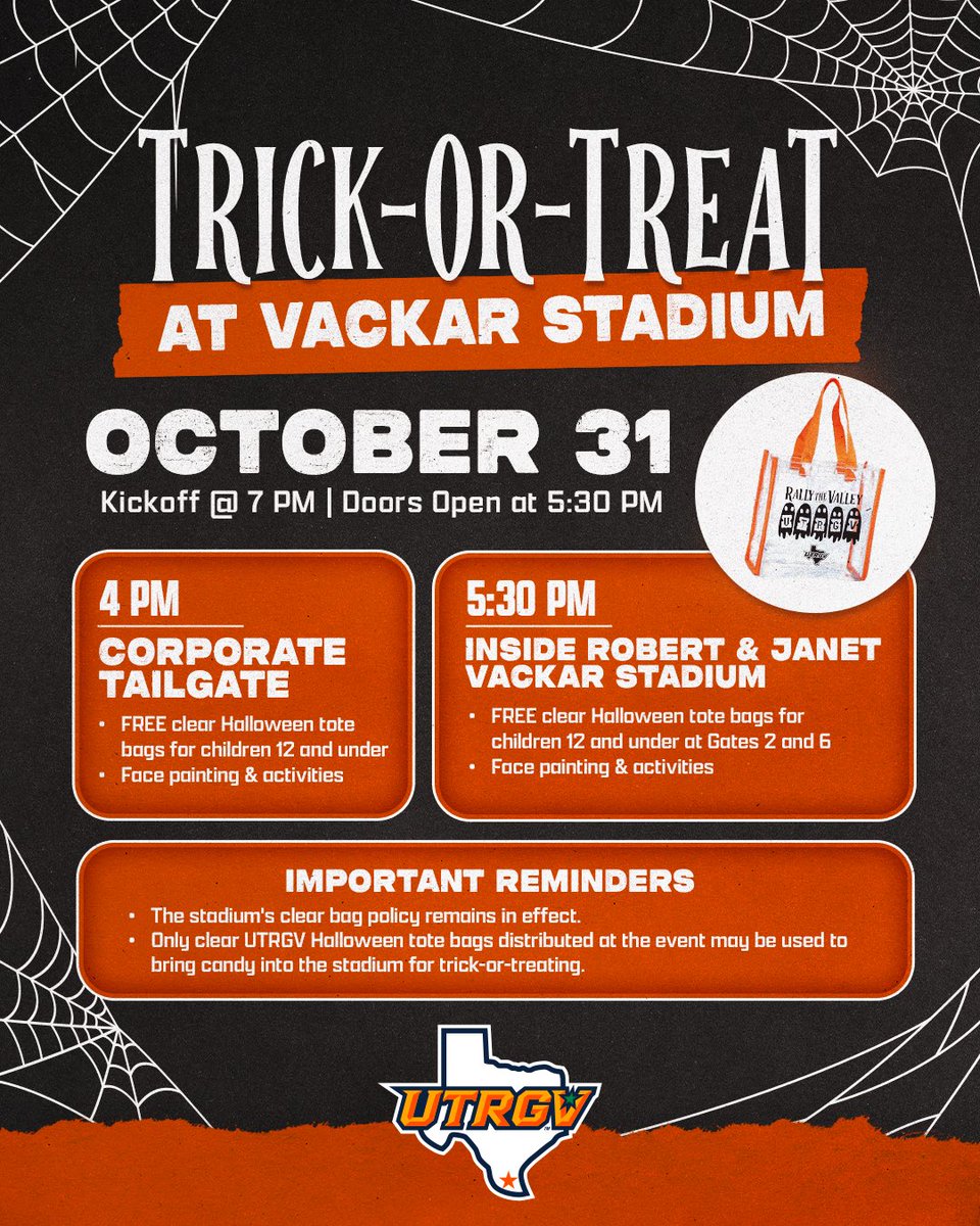 UTRGVFootball's tweet photo. Get ready for a night full of football and trick-or-treating at Vackar Stadium! 🎃👻

🤠 UTRGV Football vs Lamar
📅 10/31
🍬 Trick-or-Treating starts at 4:30 PM
👻 FREE clear Halloween tote bags for children 12 and under (while supplies last)

#UTRGV #RallyTheValley #WinToday https://t.co/BAe5i1kt4R