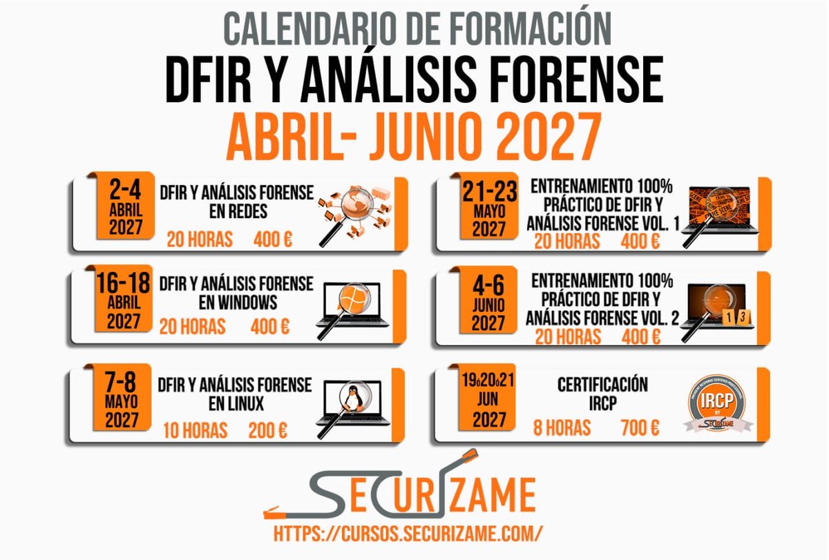 Securizame's tweet photo. Tras un ciberataque, cada evidencia cuenta. ¡Inscripciones abiertas para DFIR y Análisis Forense 2027 con @lawwait ! Aprende a investigar incidentes y saber cómo actuar frente a ellos. ¡Una formación sin igual! https://t.co/7y5kYI8X0h #CiberSeguridad #Noticia #Cursos https://t.co/qajsTHTBHa