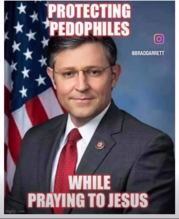 TaylorIndiana's tweet photo. @SpeakerJohnson Mike Johnson protects pedophiles of the rich and powerful. He will say anything to stay in power and kiss @realDonaldTrump ass. He hates America 🇺🇸 https://t.co/RBZPhVKaX6