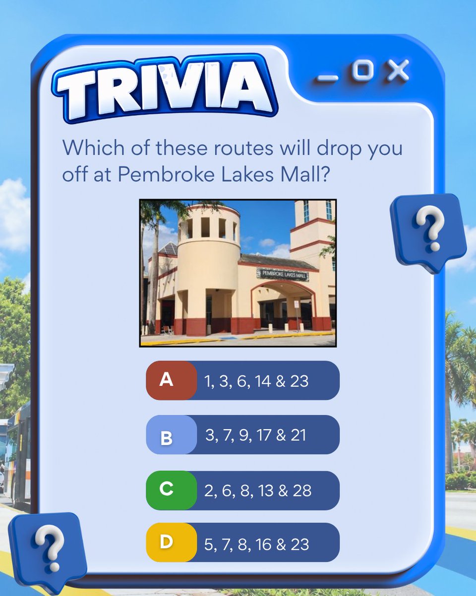 BrowardTransit's tweet photo. 🚌💡 It’s Trivia Tuesday with BCT!
Think you know your BCT routes? 🤔 Test your knowledge!
Which five BCT routes take you to Pembroke Lakes Mall? 🛍️
👇 Drop your answer in the comments, then swipe to see if you got it right!
#TriviaTuesday #BrowardCountyTransit #BCT #RideBCT #PublicTransit