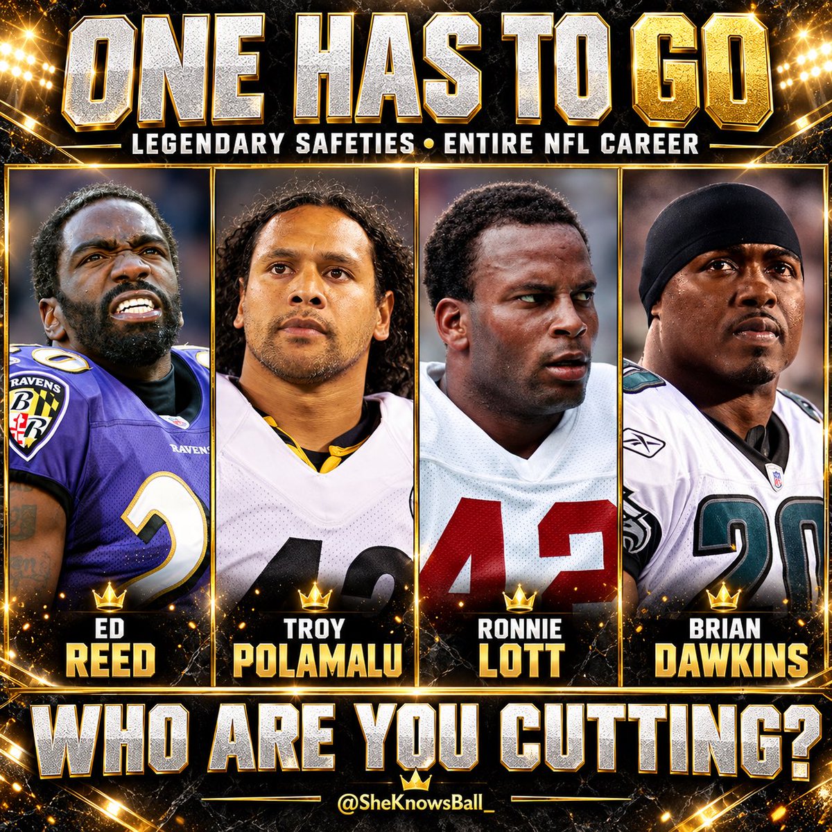 SheKnowsBall_'s tweet photo. One has to go based on their entire NFL career. Reed, Polamalu, Lott or Dawkins—who are you cutting? 👀🏈 https://t.co/MynTLYnjCv