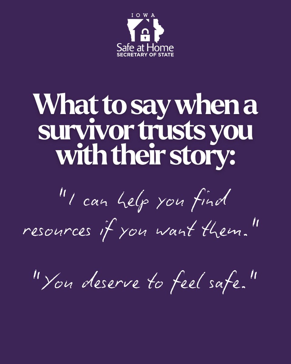 IowaSOS's tweet photo. The right words can't undo what happened, but they can remind a survivor they're not alone.

And if you're not sure what comes after that conversation, that's where Safe at Home can help. Learn more at https://t.co/m89k5H8heJ https://t.co/uGrwLhliJq