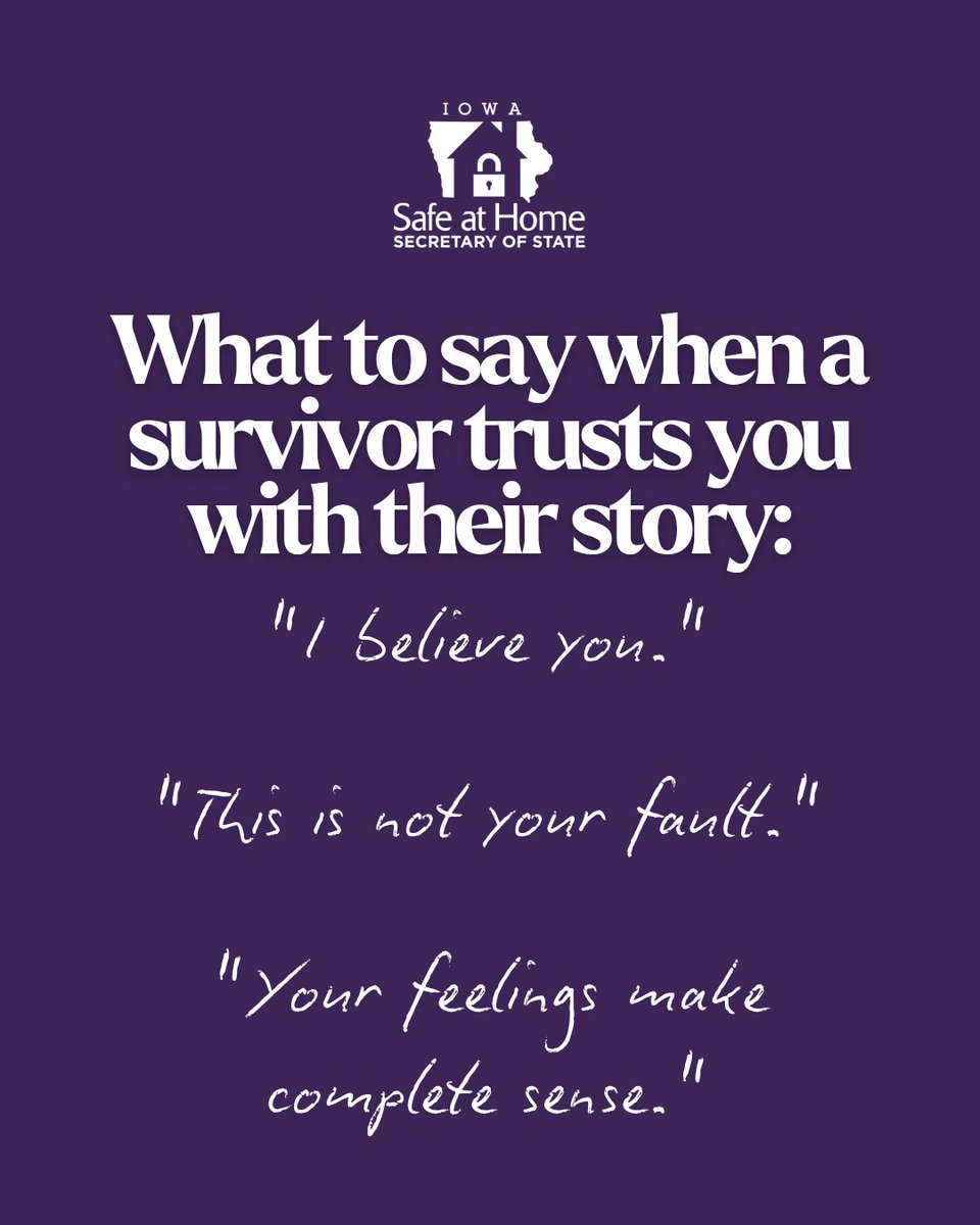 IowaSOS's tweet photo. The right words can't undo what happened, but they can remind a survivor they're not alone.

And if you're not sure what comes after that conversation, that's where Safe at Home can help. Learn more at https://t.co/m89k5H8heJ https://t.co/uGrwLhliJq