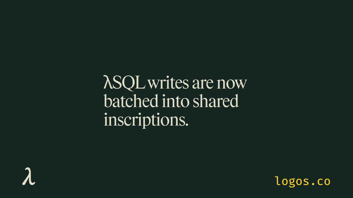 Logos_devs's tweet photo. λSQL writes are now batched into shared inscriptions.

Multiple writes ride a single on-chain inscription instead of one each, raising write throughput without changing the λSQL interface or semantics. https://t.co/rNcDKFqpPW