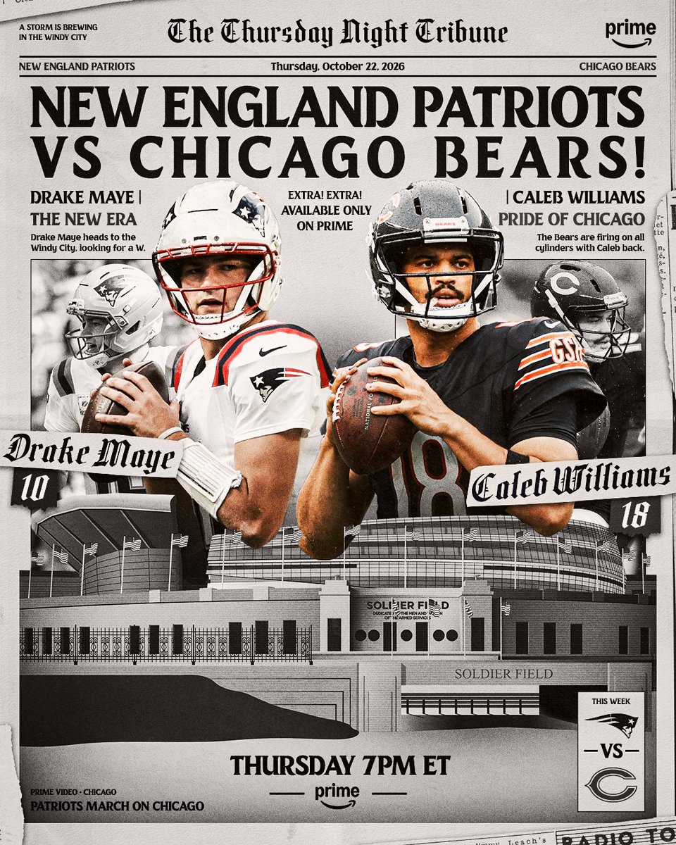 NFLonPrime's tweet photo. Pats vs. Bears in Chicago. Read all about it 🗣️

#TNFonPrime https://t.co/Tlpjn3HaDv