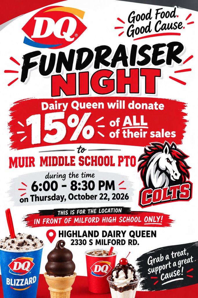 MuirColts's tweet photo. With all of this gorgeous weather, it is definitely still ice cream season! Highland Dairy Queen is donating 15% of sales on Thursday from 6-8:30 to support our school. https://t.co/SlxGbH5NBe