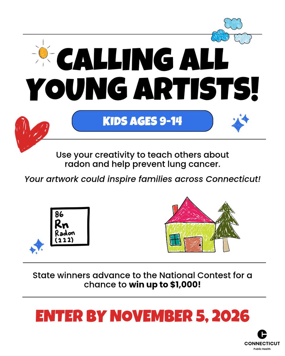 CTDPH's tweet photo. 🎨 There’s still time to get creative! 

Calling all young artists! Enter our Radon Poster Contest and create a poster that helps spread the word about radon and lung cancer prevention. 

🖍️ Draw it. Design it. Make it your own! 

📅 Entries are due November 5, 2026. 

Have a young artist at home? Encourage them to join the fun! 

👉 Learn more: https://t.co/Sk8VBLPK0V