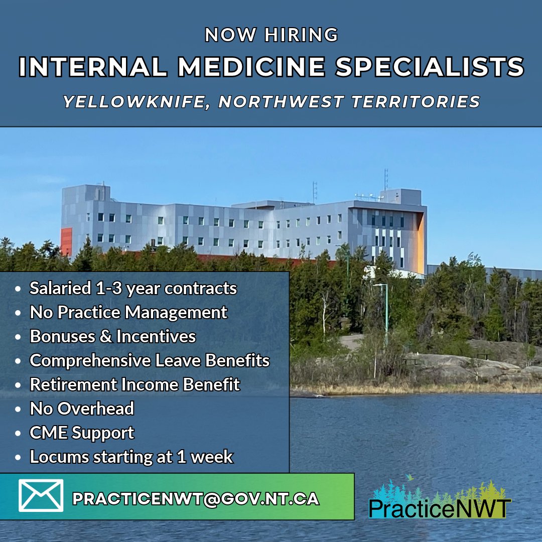 PracticeNWT's tweet photo. We’re seeking General Internal Medicine physicians and subspecialists ready for a broad scope of work.
• Diverse &amp; engaging practice
• Salaried contract with benefits
• No overhead or practice management
• World-class wilderness minutes from home
https://t.co/Tsayn5igXo https://t.co/Te9ITefkac
