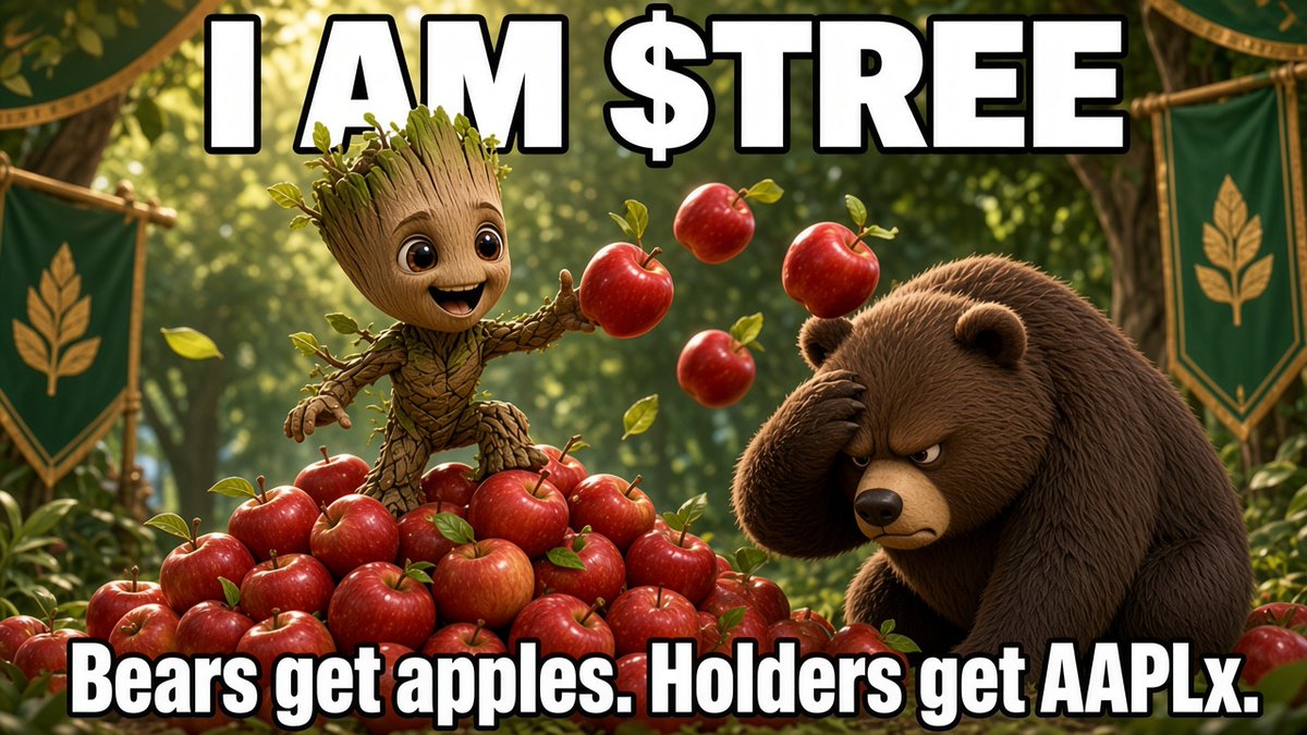TreeStonkCTO's tweet photo. Late-afternoon check-in from the orchard 🌳

$TREE is 2,000+ holders deep, and every buy and sell pays a 3% tax that stacks AAPLx (tokenized Apple) for holders. Community CTO, ~$40K MC.

What brought you to Stonk? 👇

https://t.co/BDxX3Nrdds https://t.co/tMjyfjUzor