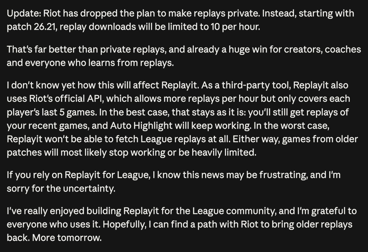 ReplayitGG's tweet photo. Update on League replays and Patch 26.21 👇
#LeagueOfLegends #replay #patch #update #api https://t.co/0f07YUgQJv