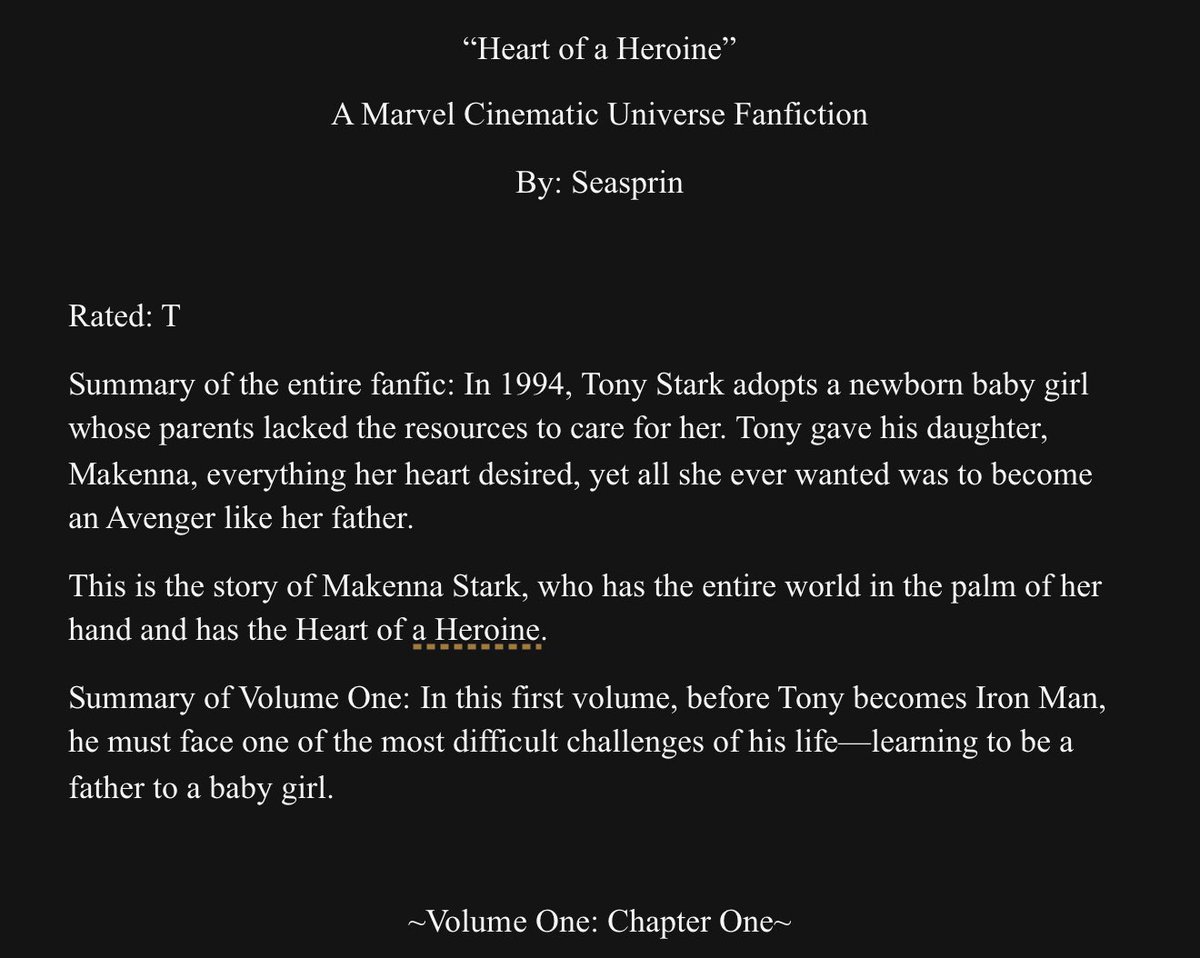Seasprin's tweet photo. Any MCU fans? I’m finally writing my fanfic! 

#MCU #TonyStark #IronDadAU #fanfiction https://t.co/AZvH4CKMqL