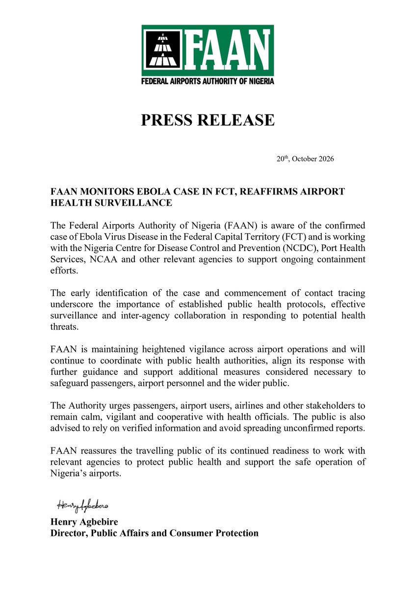 FAAN_Official's tweet photo. PRESS RELEASE

20th October 2026

FAAN MONITORS EBOLA CASE IN FCT, REAFFIRMS AIRPORT HEALTH SURVEILLANCE https://t.co/r225YDM0SD